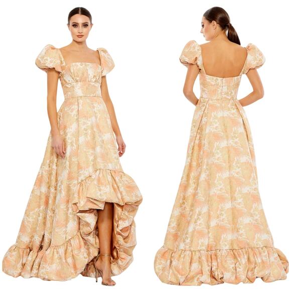 Mac Duggal NWT Peach Gold Floral Print Puff Sleeve High Low Brocade Gown Size 16